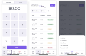 A multi-panel screenshot of the Helcim mobile POS app, showing a numeric keypad for entering amounts, a transaction history screen with successful, voided, and declined credit card transactions, and a dropdown menu for selecting payment methods like Credit Card, ACH Payment, and Other Tender.